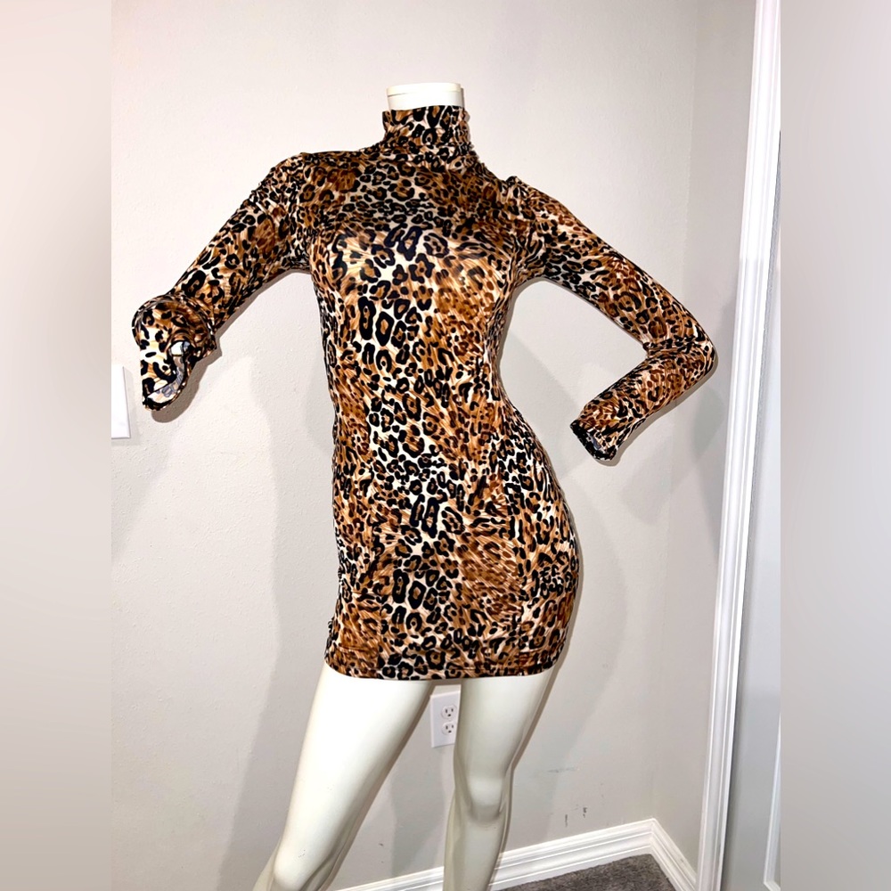 Leopard Print Long Sleeve Turtleneck Bodycon Mini Dress